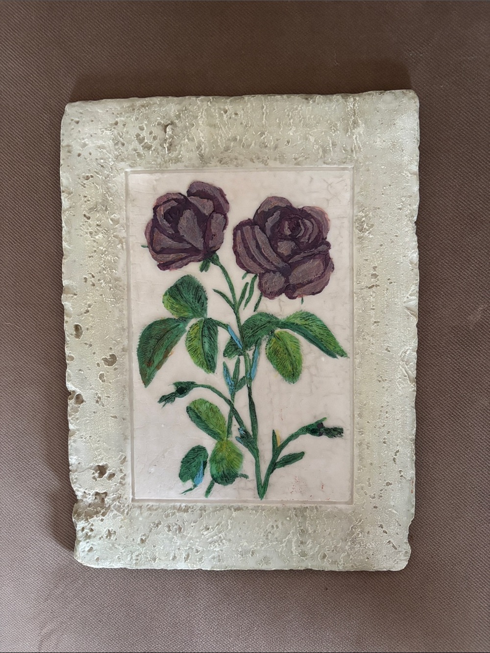 Handcrafted Purple Rose Wall Art with Green Leaves - Home Art